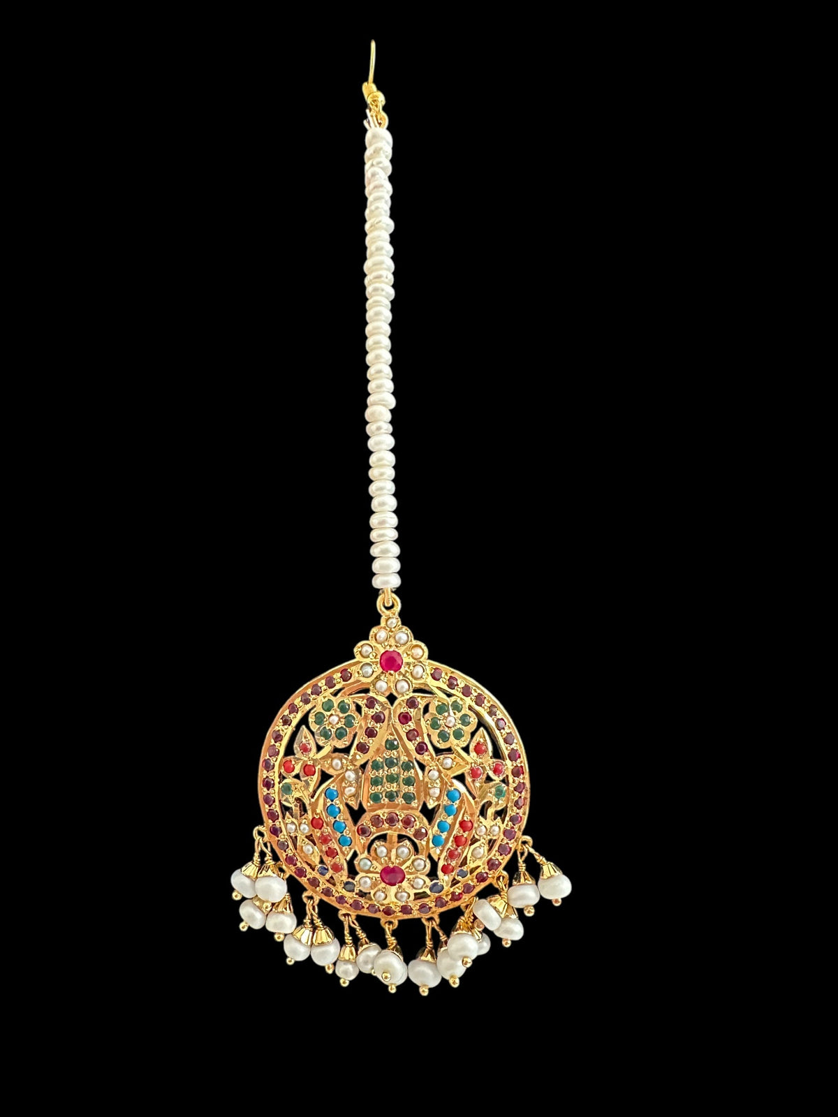 Navratan tika in silver with fresh water pearls - gold plated ( SHIPS INN5 WEEKS )