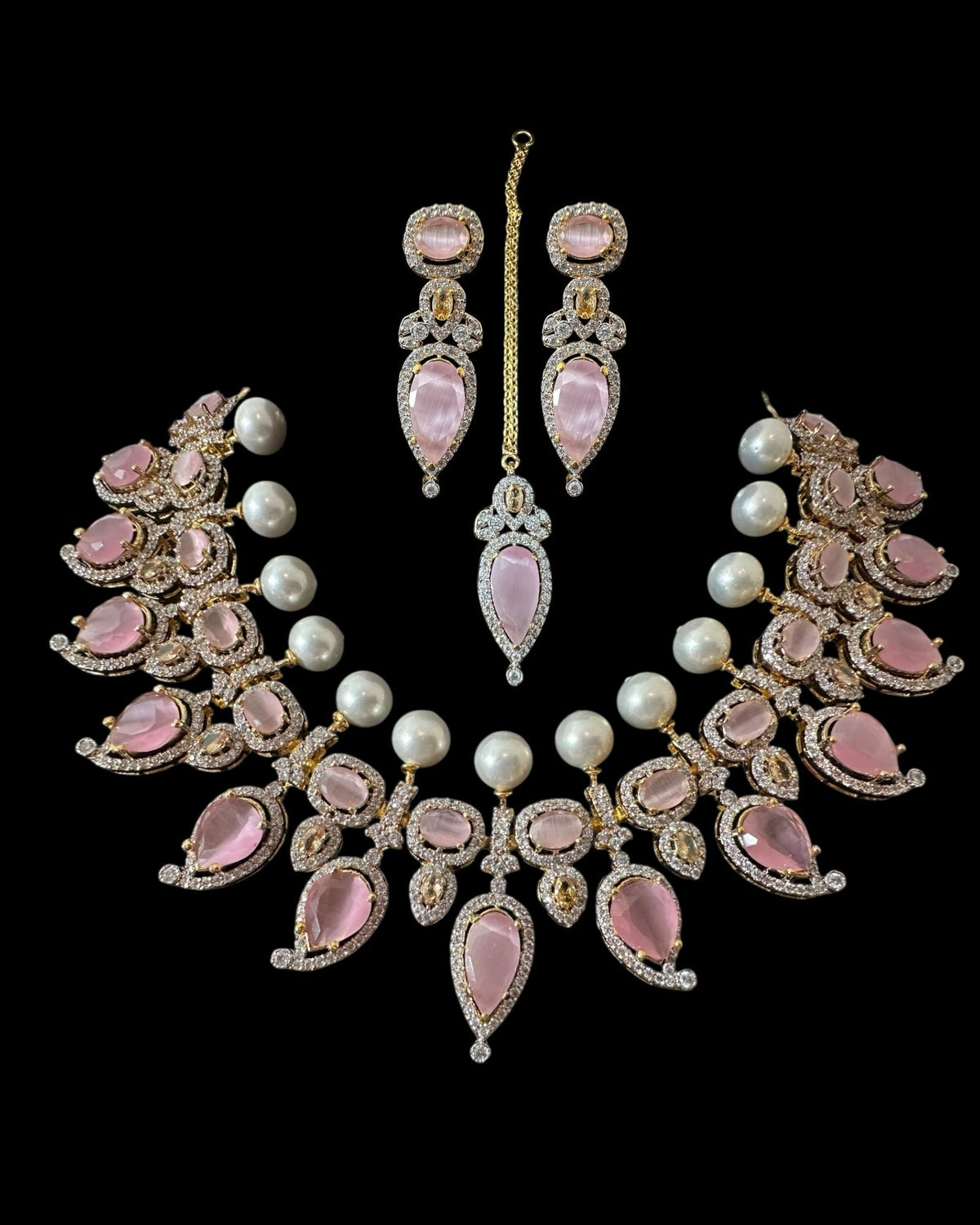 BR462  Anmol necklace set in pink( rose quartz ), Cats eye and pearls ( READY TO SHIP )