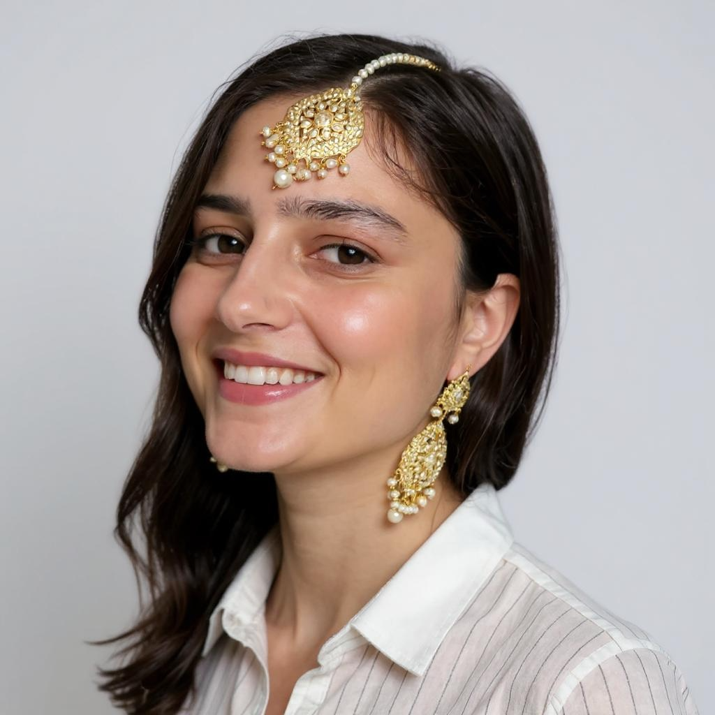DJET99 Megha jadau earrings tika set  in pearl ( READY TO SHIP )