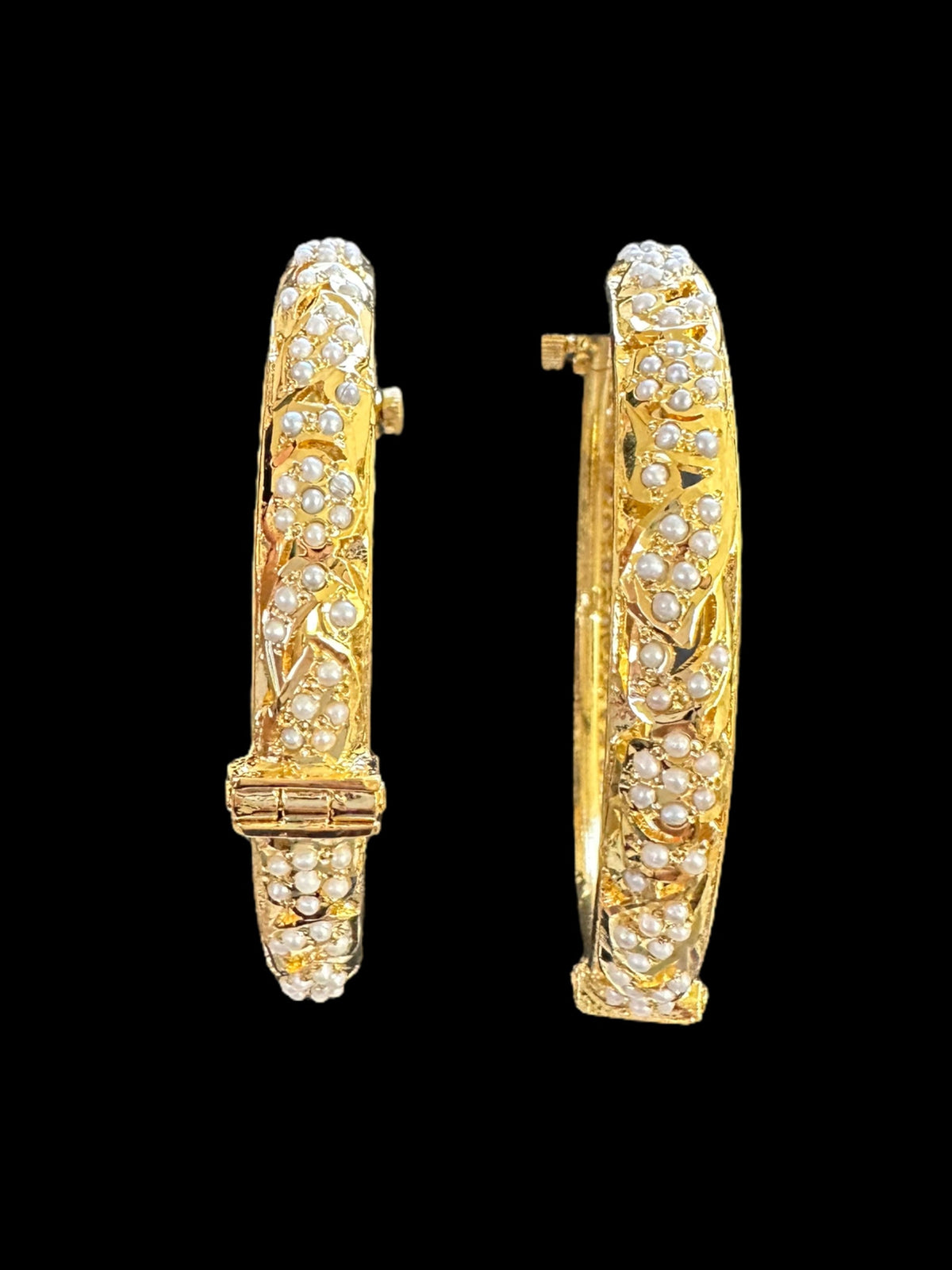 Jadau gold plated silver bangles in fresh water pearls ( READY TO SHIP )