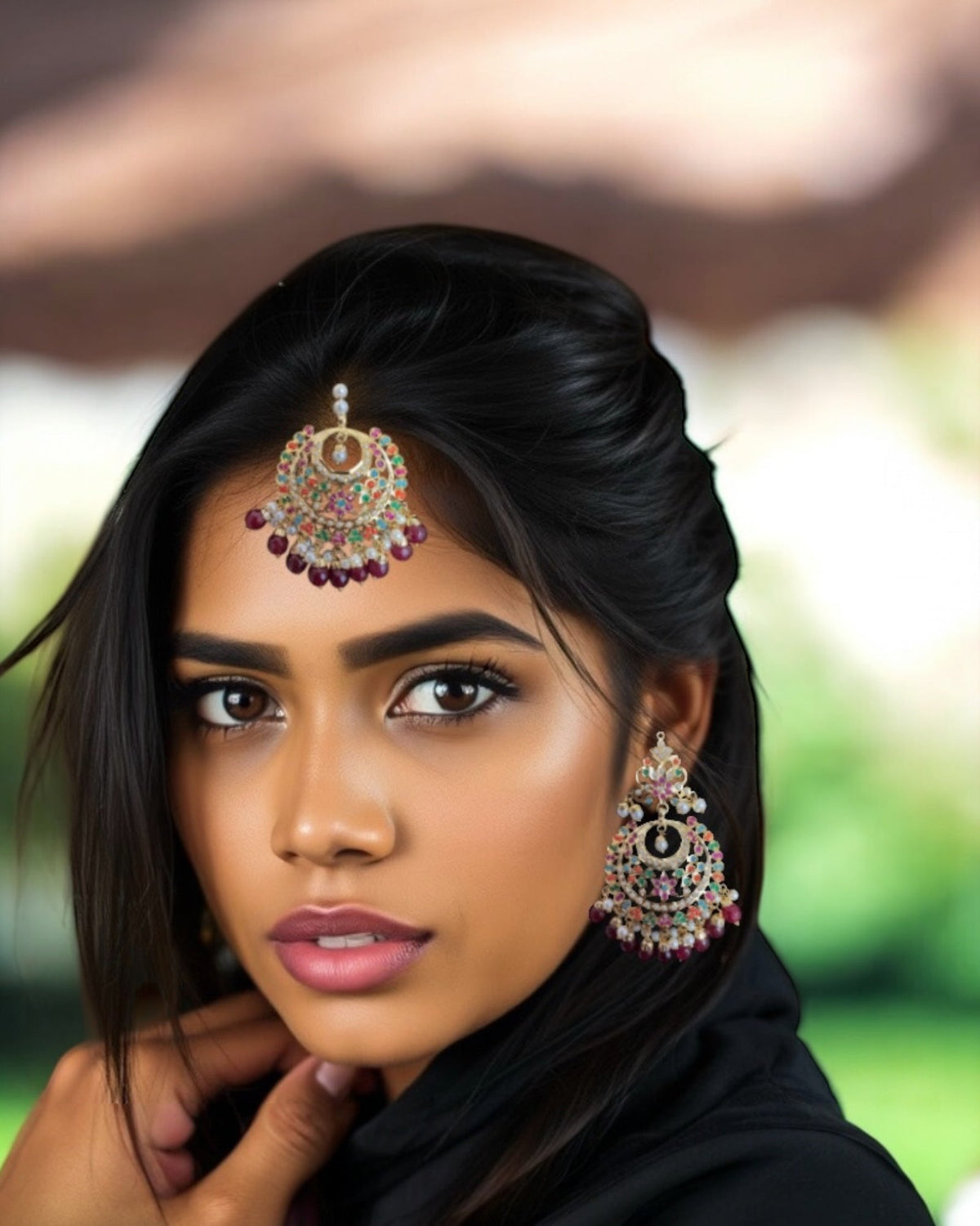 DJET83 Dafiya Gold Plated Chandbali Earrings & Tika Set in Navratan | Ready to Ship | Deccan Jewelry