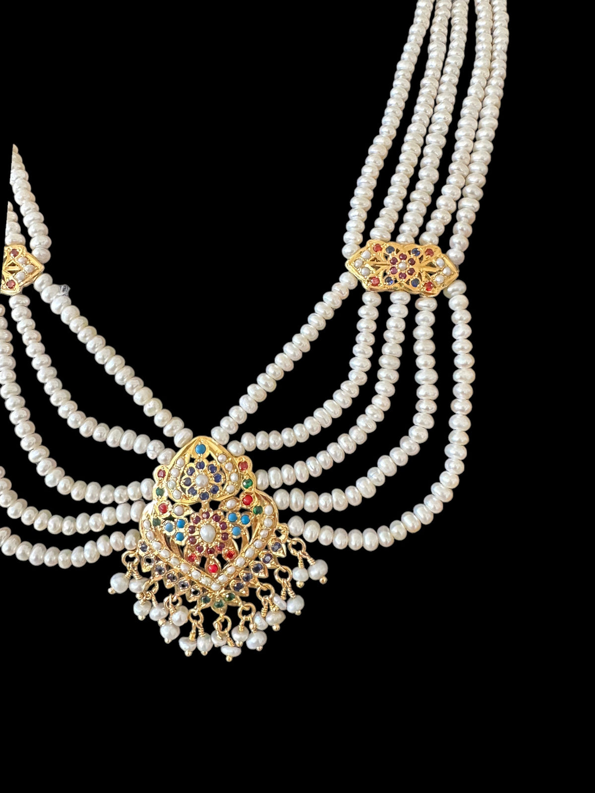 Navratan gold plated silver necklace with earrings in fresh water pearls ( SHIPS IN 5 WEEKS  )