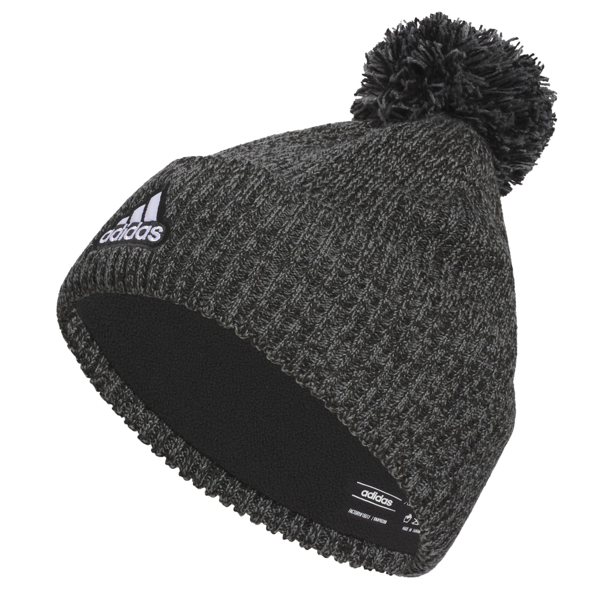 adidas Mens Recon Ballie Beanie Standard fit Cuffed Fleece-Lined Winter Knit hat/Cap with pom Black-Onix Grey/Black/White