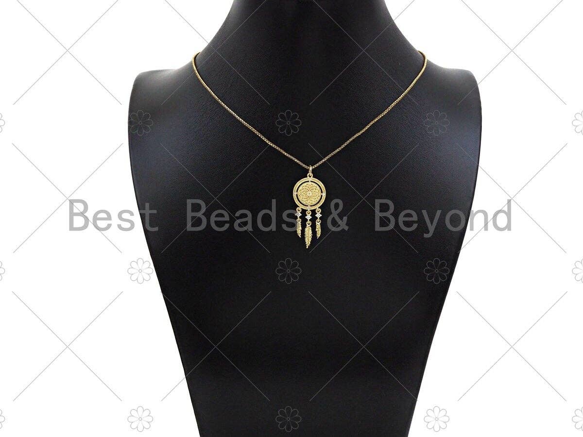 CZ Micro Pave Disc With Feather Shape Pendant Charm,Sku#F1357C