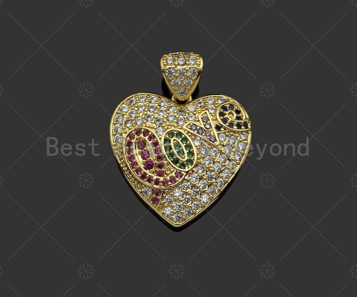 Colorful CZ Micro Pave Love Word On Heart Shape Pendant, 18K Gold Filled Heart Charm, Necklace Bracelet Charm Pendant,25x24mm,Sku#LD105