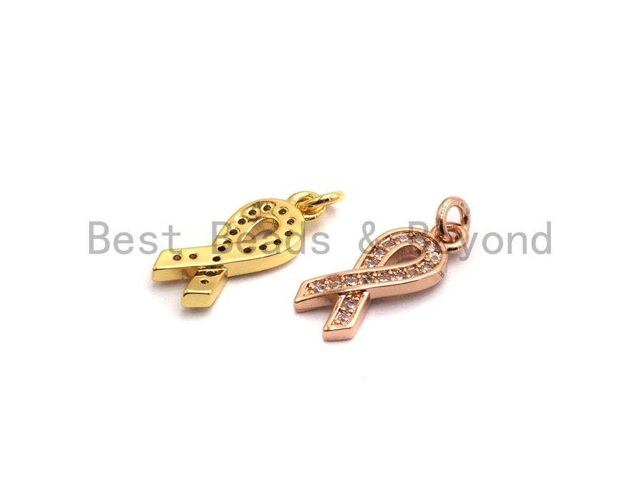 CZ Micro Pave Awareness Ribbon Charm ,Gold/Silver/Black/Rose Gold,Cubic Zirconia Jewelry Findings, Cancer Fighting Charm, 6x16mm,sku#F650