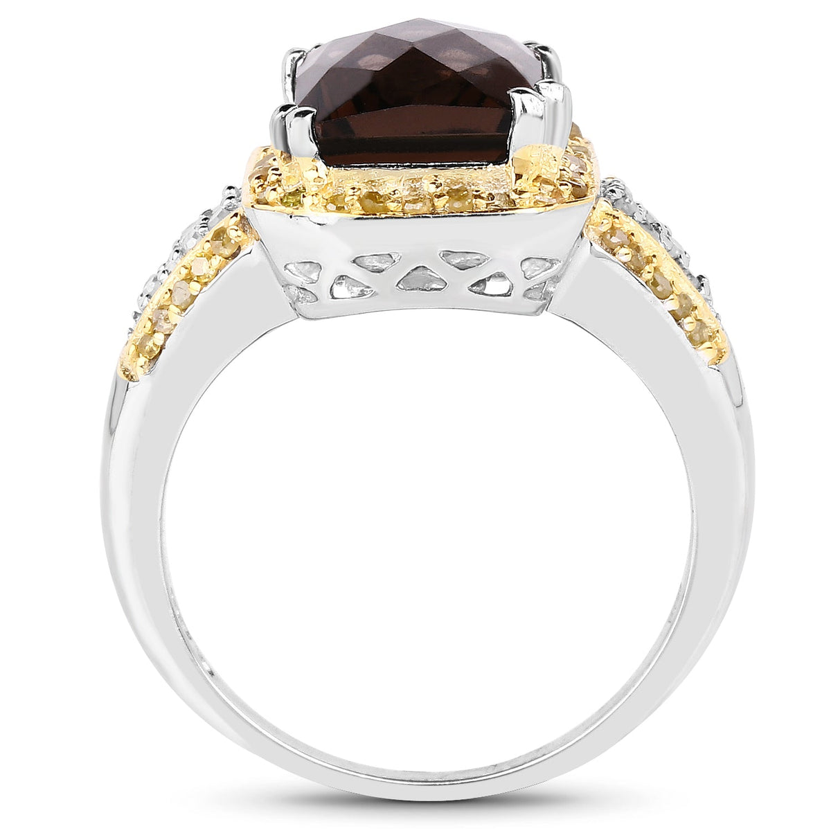 3.48 Carat Genuine Smoky Quartz, Yellow Diamond and White Diamond .925 Sterling Silver Ring