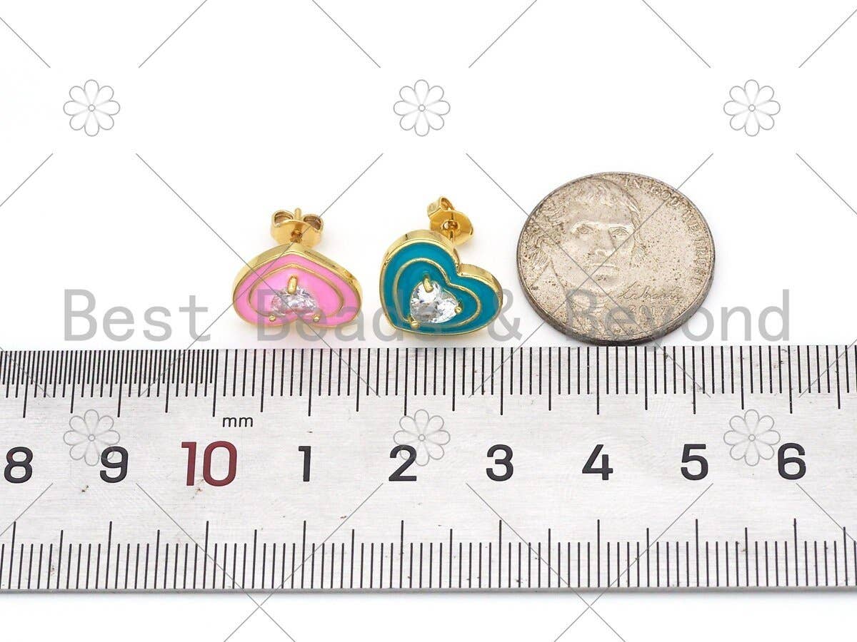 CZ Heart on Enamel Heart Stud Earrings,Sku#O67