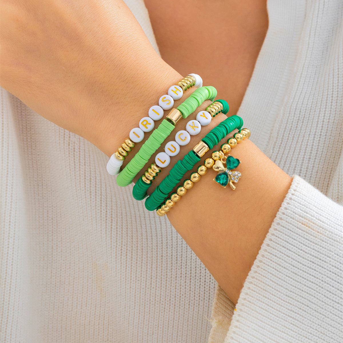 Leafy Clover Letter Bracelet Simple Green Beaded Bracelet