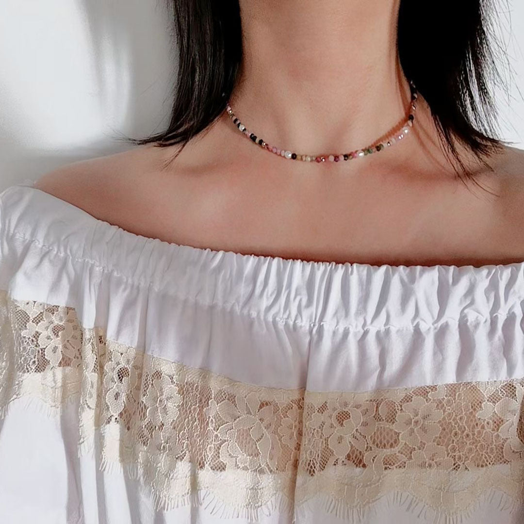 Natural Tourmaline And Freshwater Pearl Beaded Necklace