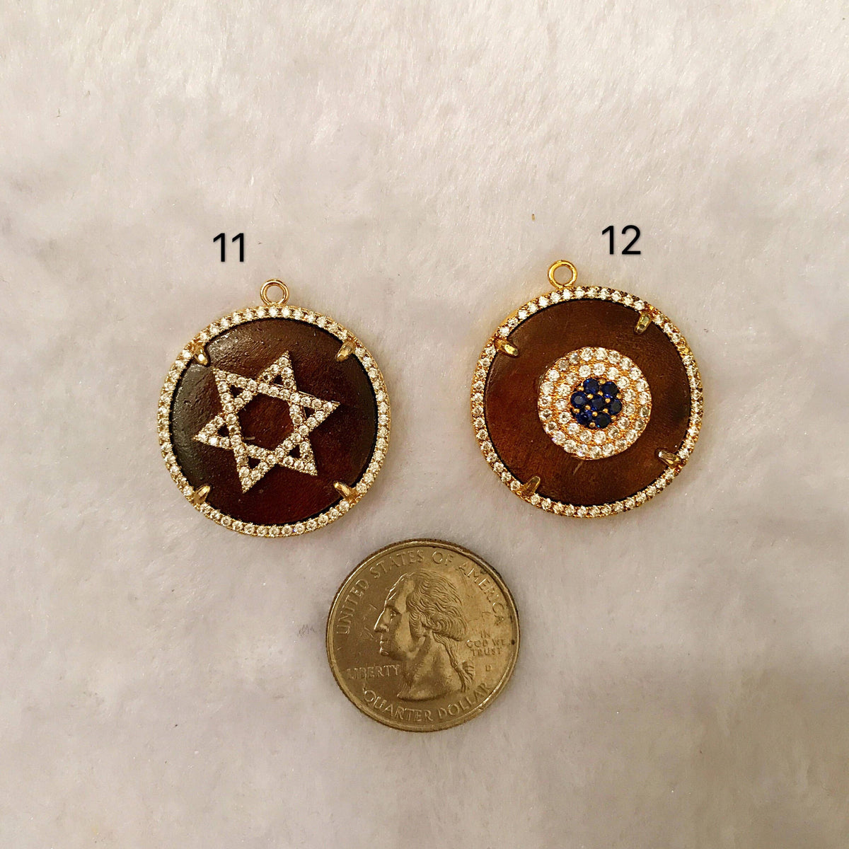 CZ Micro Pave 28x32mm Evil Eye Horn Star Cross on Round Wood Disc Pendant, sku#B50