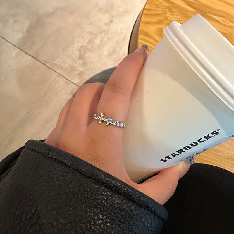 Elegant Light Luxury High-End Diamond Ring For Women, INS Versatile Open Index Finger Ring, Niche Simple Sparkling Zircon Band
