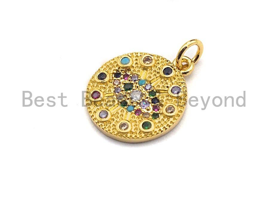 CZ Colorful Micro Pave Round  Gold With Evil Eye Pendant, Coin Shaped Pave Pendant, Gold plated, 15x17mm, Sku#F867