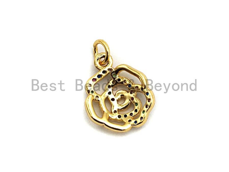 CZ Colorful Micro Pave Rose Flower Pendant, Rose Shaped Pave Pendant, Gold plated, 13x16mm, Sku#F839