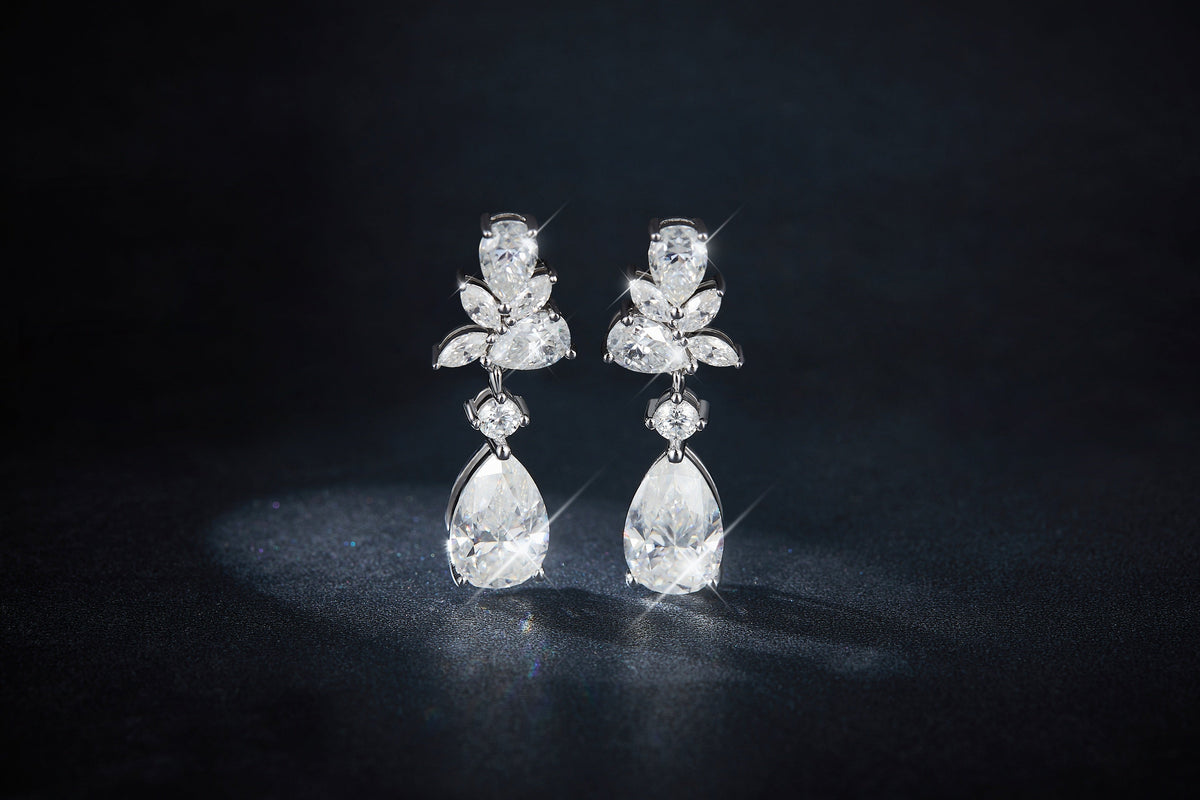 S925 Sterling Silver Pear Cut Moissanite Dangle Earrings  7x11mm Elegant Floral Cluster Drop Earrings With GRA Platinum Plated Jewelry Gift Box Set