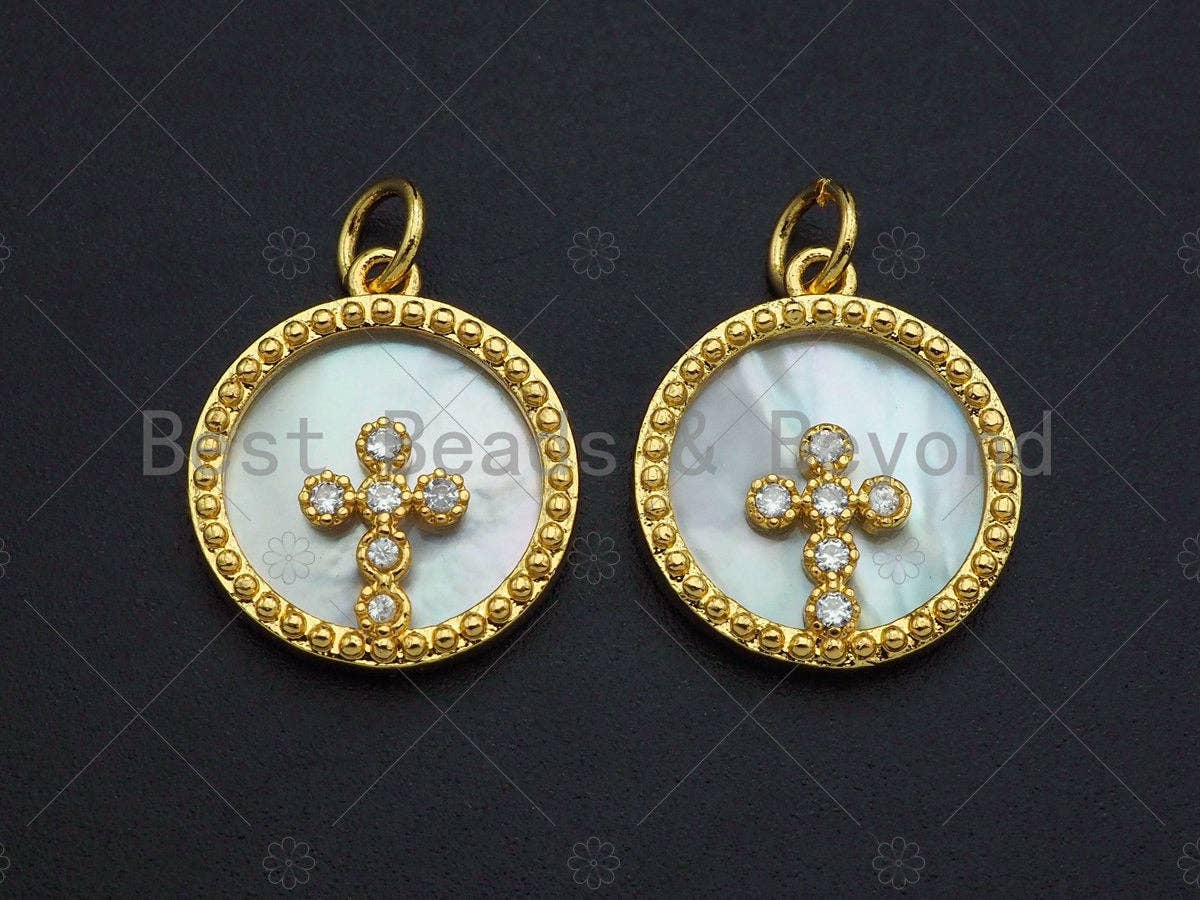18K Gold CZ Micro Pave Cross on Mother-of-pearl Pendant ,SKU#Z1119