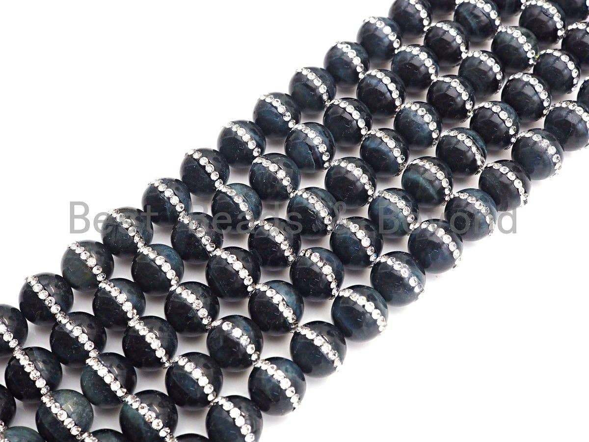 Dark Blue Tiger Eye with Rhinestone Inlaid,6mm/8mm10mm/12mm, SKU#V49