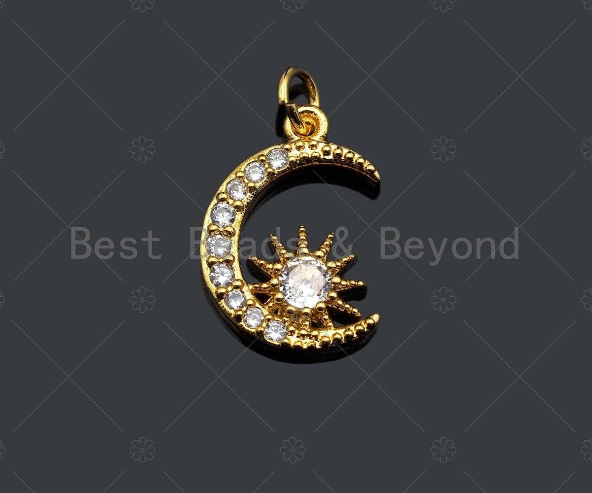 Dainty CZ Micro Pave Moon Star Charm/Pendant, Moon Shape Charm, Gold Pendant, Gold plated charm, 10x14mm, Sku#JL07