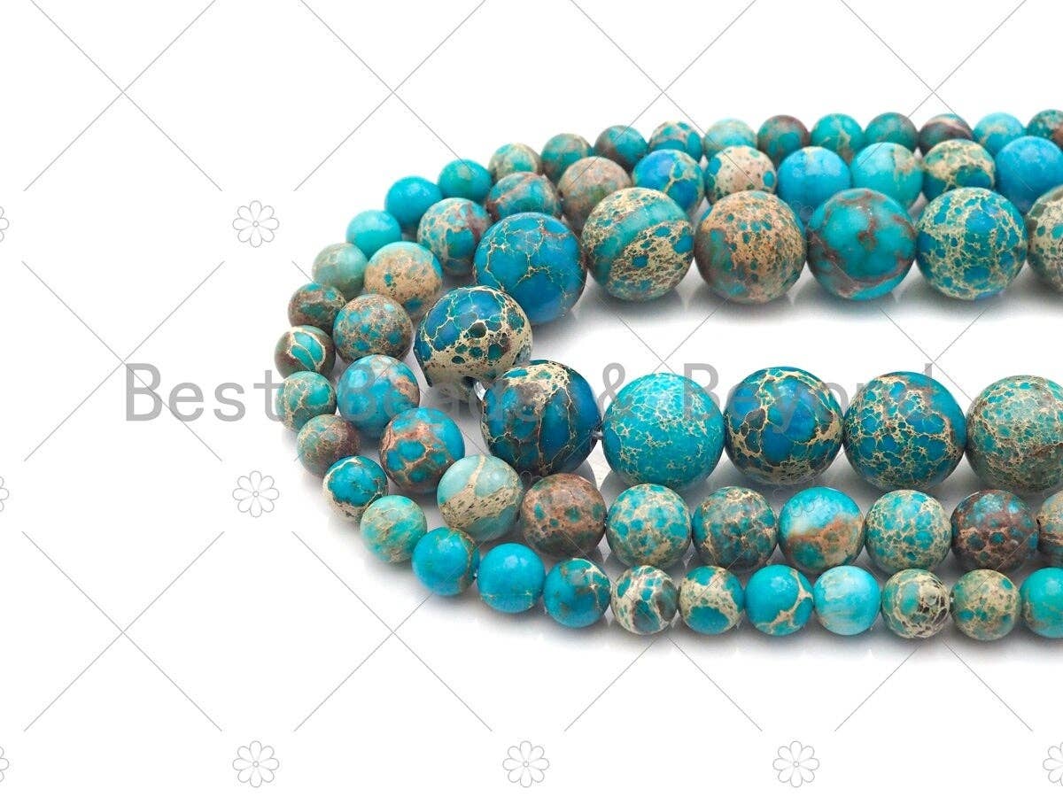 High Quality Turquoise Blue Sea Sediment Imperial Jasper, 6mm/8mm/10mm/12mm Round Smooth Imperial Japser, 15.5'' Full Strand, SKU#UA169