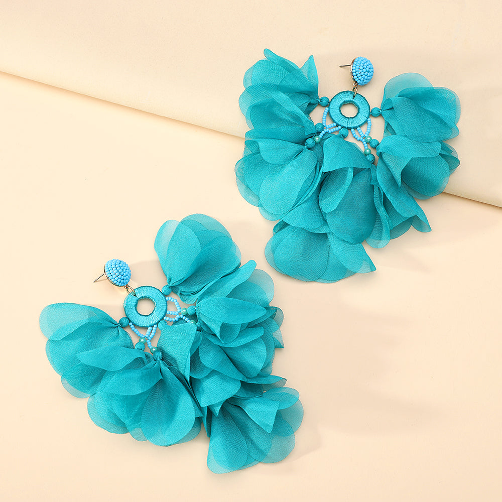 Handmade Bohemian Beaded Chiffon Flower Tassel Earrings For Women Tropical Vacation Statement Jewelry
