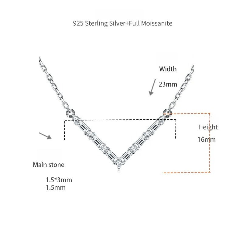 V-Shape Pendant Necklace in 925 Sterling Silver with Premium D-Color VVS1 Moissanite — White Gold or Rose Gold Plated
