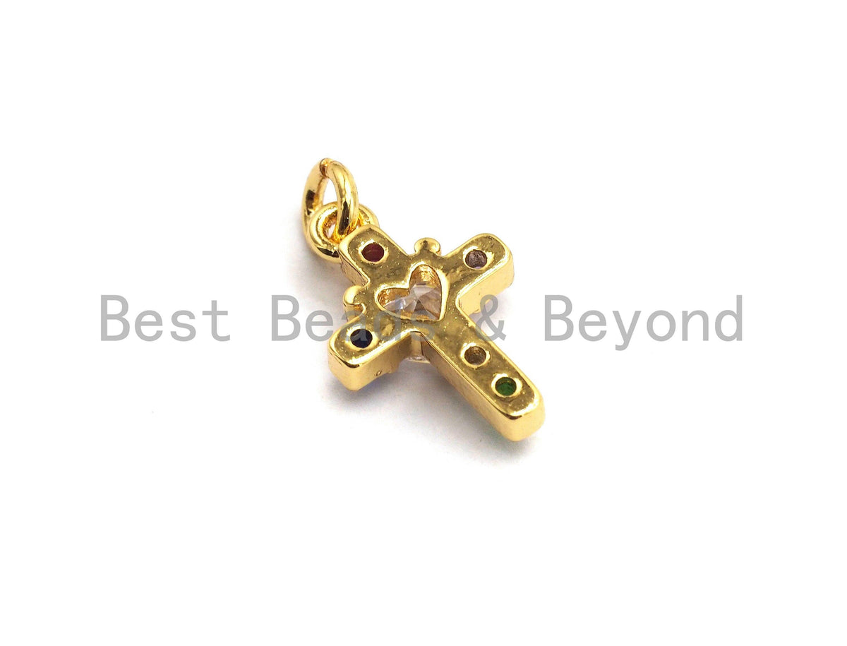 CZ Colorful Micro Pave Cross With Big CZ Pendant, Cross Shaped Pave Pendant, Gold plated, 9x14mm, Sku#F737