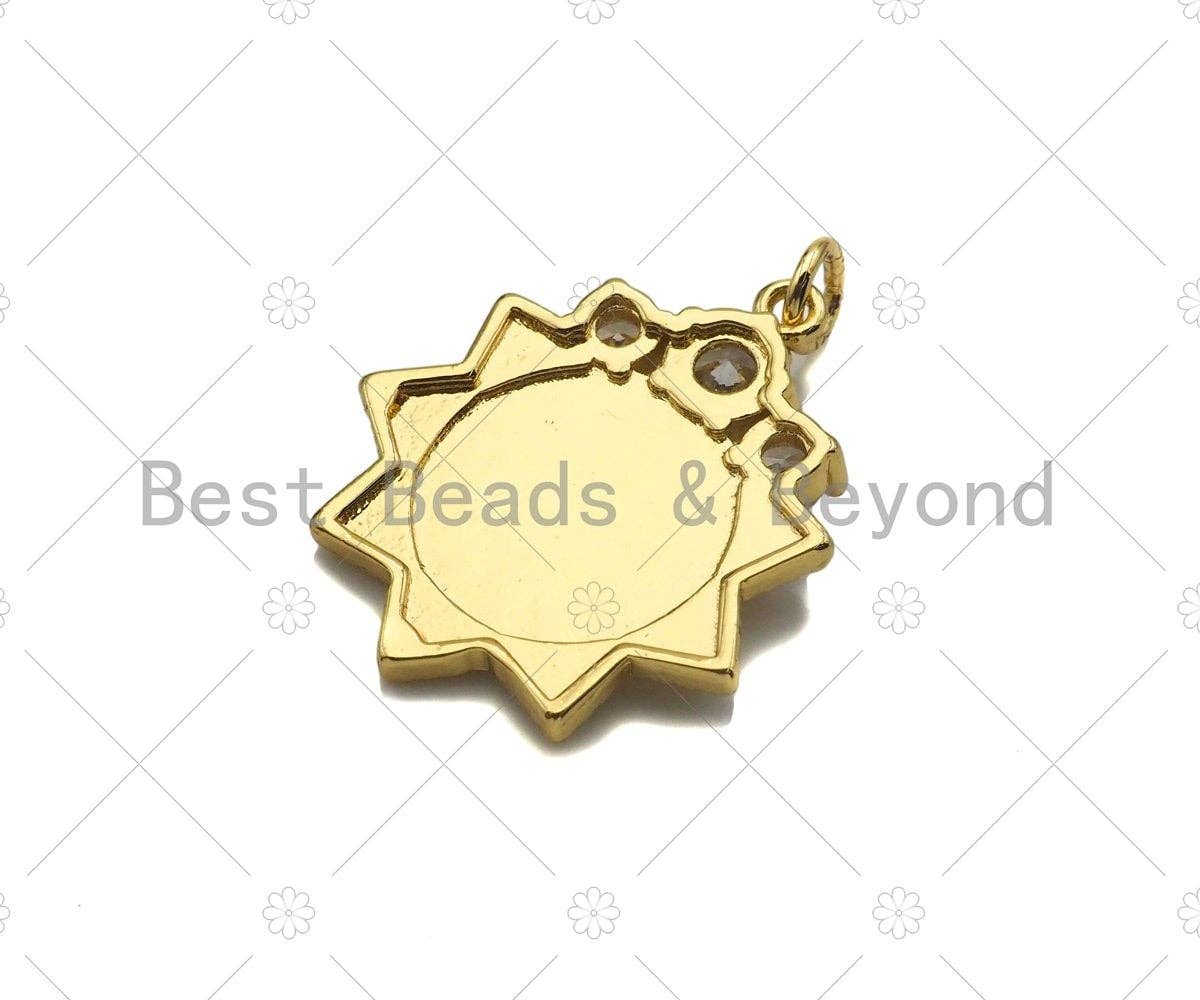 CZ Micro Pave E Word On Sunflower Shape Pendant/Charm,18K Dainty Gold with Big CZ Charm, Necklace Bracelet Charm Pendant, 21x25mm, Sku#L549