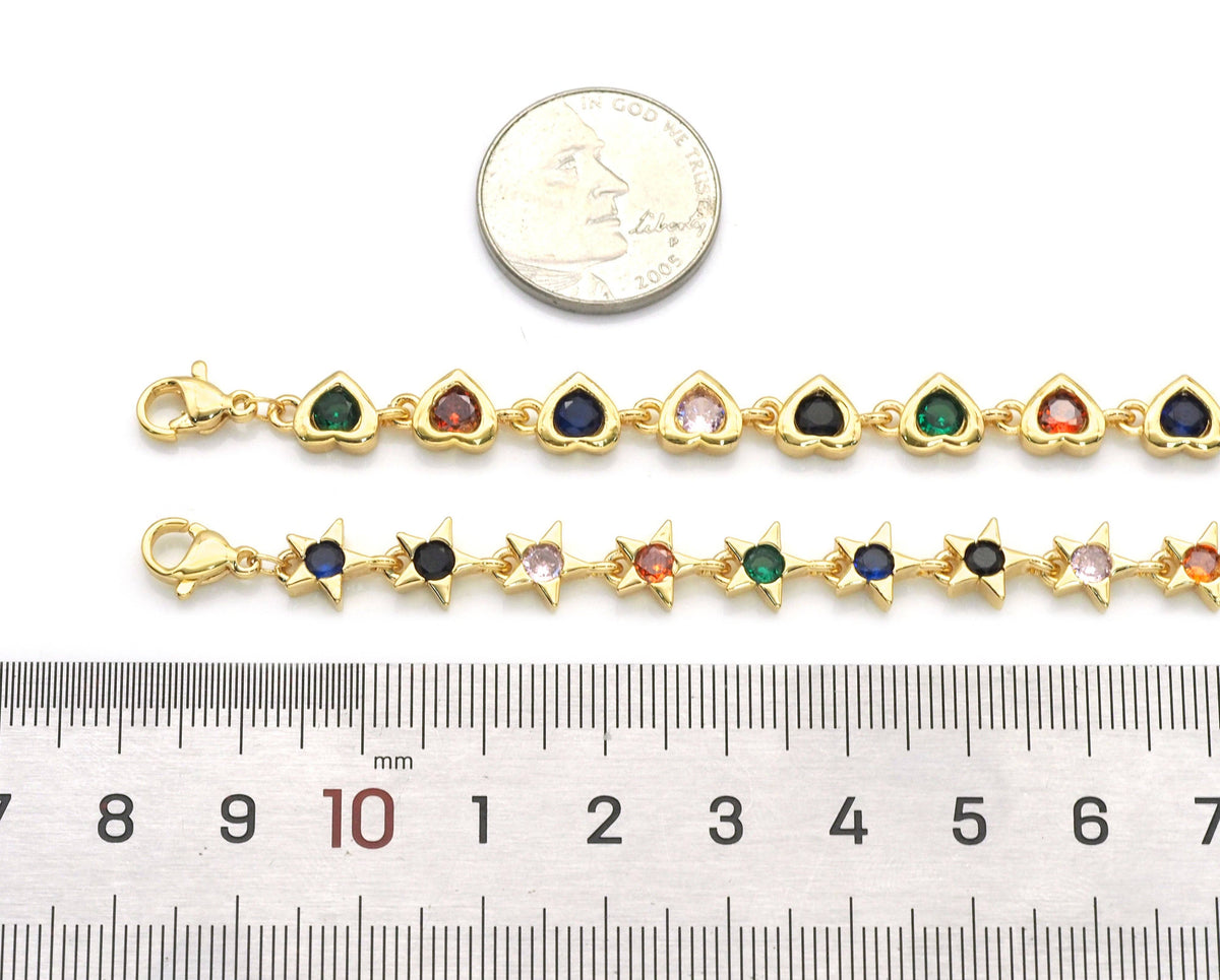 Colorful CZ Gold Star Heart Adjustable Bracelet, Sku#LD372