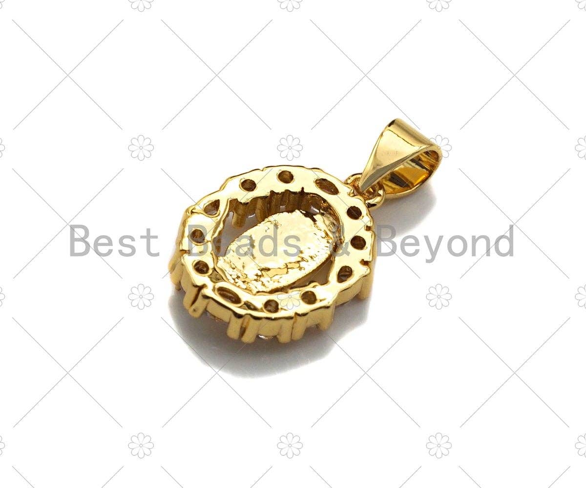 18K Gold Virgin Mary On Oval Emblem Shape Pendant, Oval Charm,  Sku#F1150C