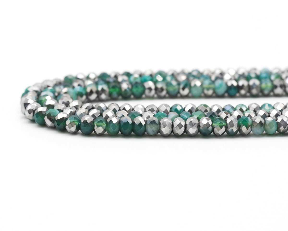 Half Silver Plated Green Banded Agate Rondelle Faceted Beads, Sku#UA249