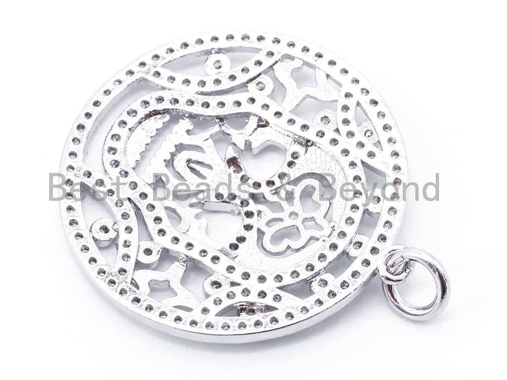 CZ Micro Pave Large Hollow Skull Disc Pendant/Charm, Cubic Zirconia Round Skull Pendant, Halloween Pave, 29mm, sku#F152