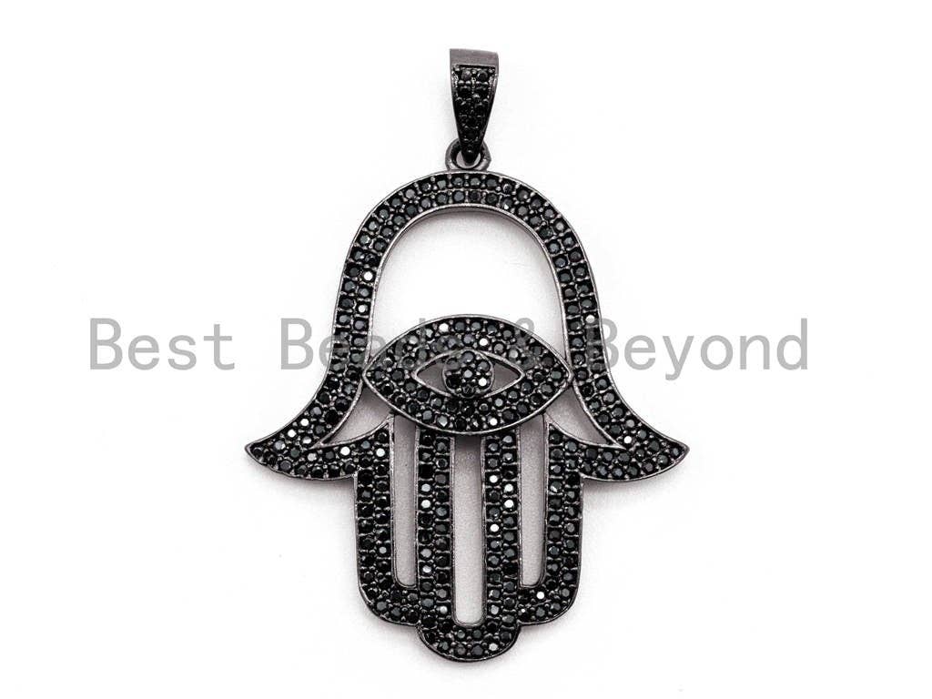 Black CZ Pave On Black Micro Pave Hamsa Hand With Evil Eye Charm, Fashion Jewelry Findings Pave Charm, Pave Dangle Charms,34x48mm, Sku#F377