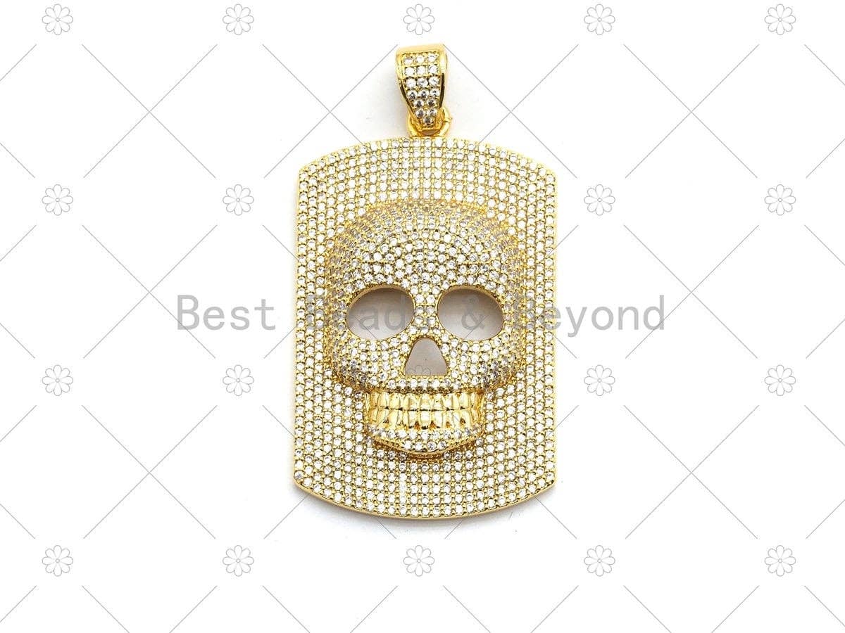 CZ Micro Pave Embossment Skull On Rectangle Shape Pendant,Cubic Zirconia Large Skull Charm, Necklace Bracelet Charm, 50x30mm, Sku#F667