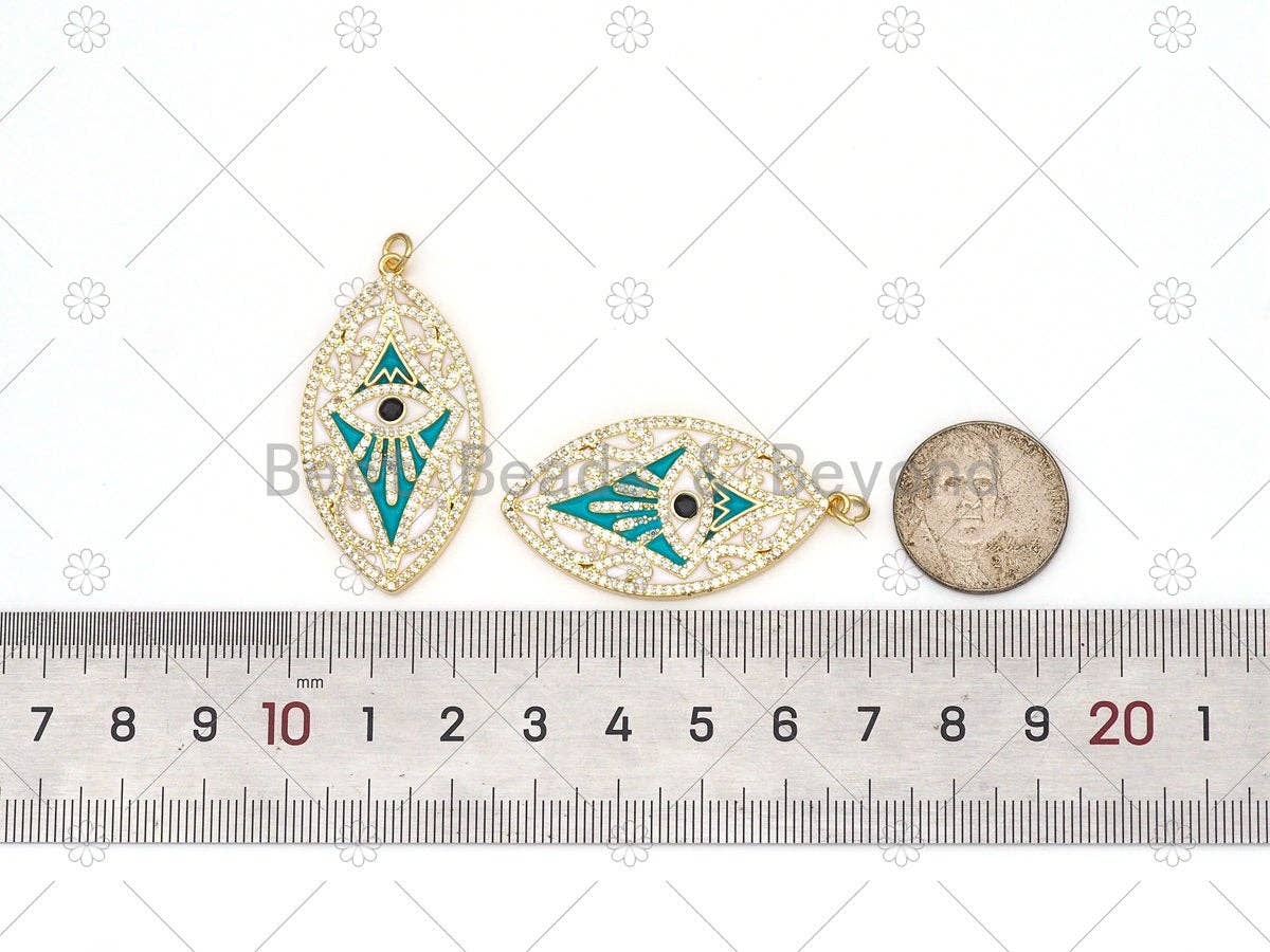 CZ Micro Pave Turquoise Enamel Evil Eye On Oval Leaf Shape Pendant, 18K Gold Filled Evil Eye Charm, Necklace Pendant,22x42mm, Sku#L631