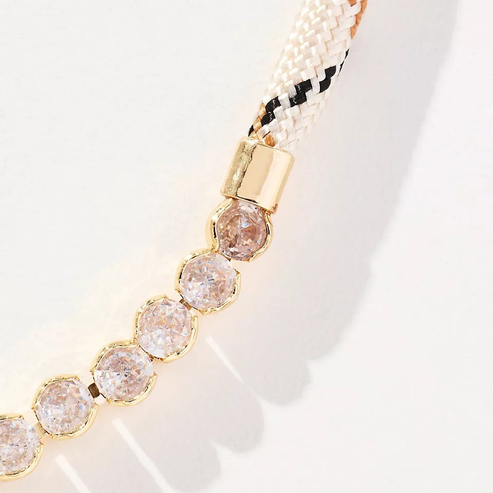 Off-white Brown-striped Woven Necklace With Diamond-encrusted Gold Chain