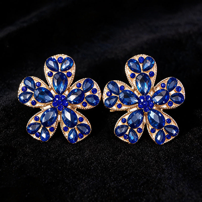 Womens Exaggerated Large Flower Rhinestone Stud Earrings,Heavy Craft Style Light Luxury Party Fashion Earrings