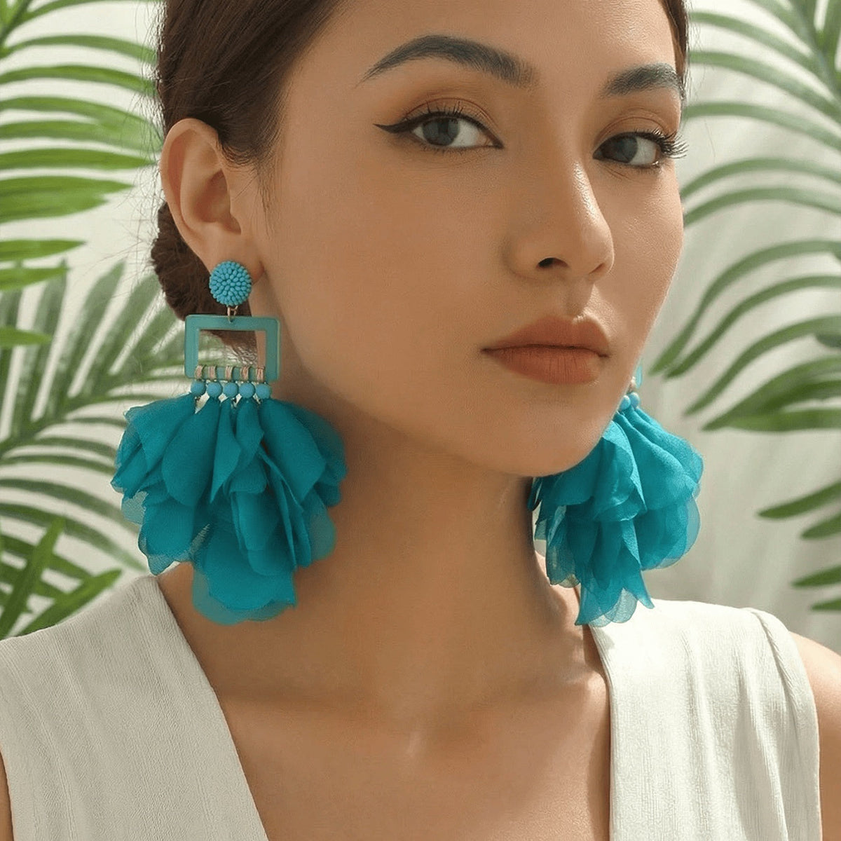 Oversized Chiffon Multi-Layer Tassel Earrings For Women Bohemian Handmade Fabric Jewelry Summer Party Beach Vacation