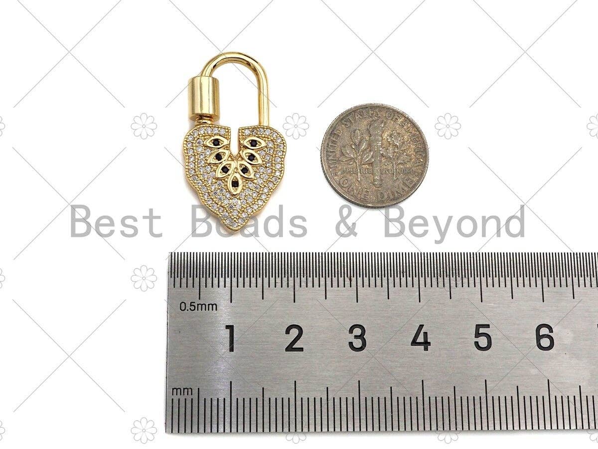 18K Gold Black Clear CZ Micro Pave Leaf Shape Clasp, Fancy Lock Clasp, Heart Shape Clasp,Pave Lock Pendant,17x31mm,sku#K148