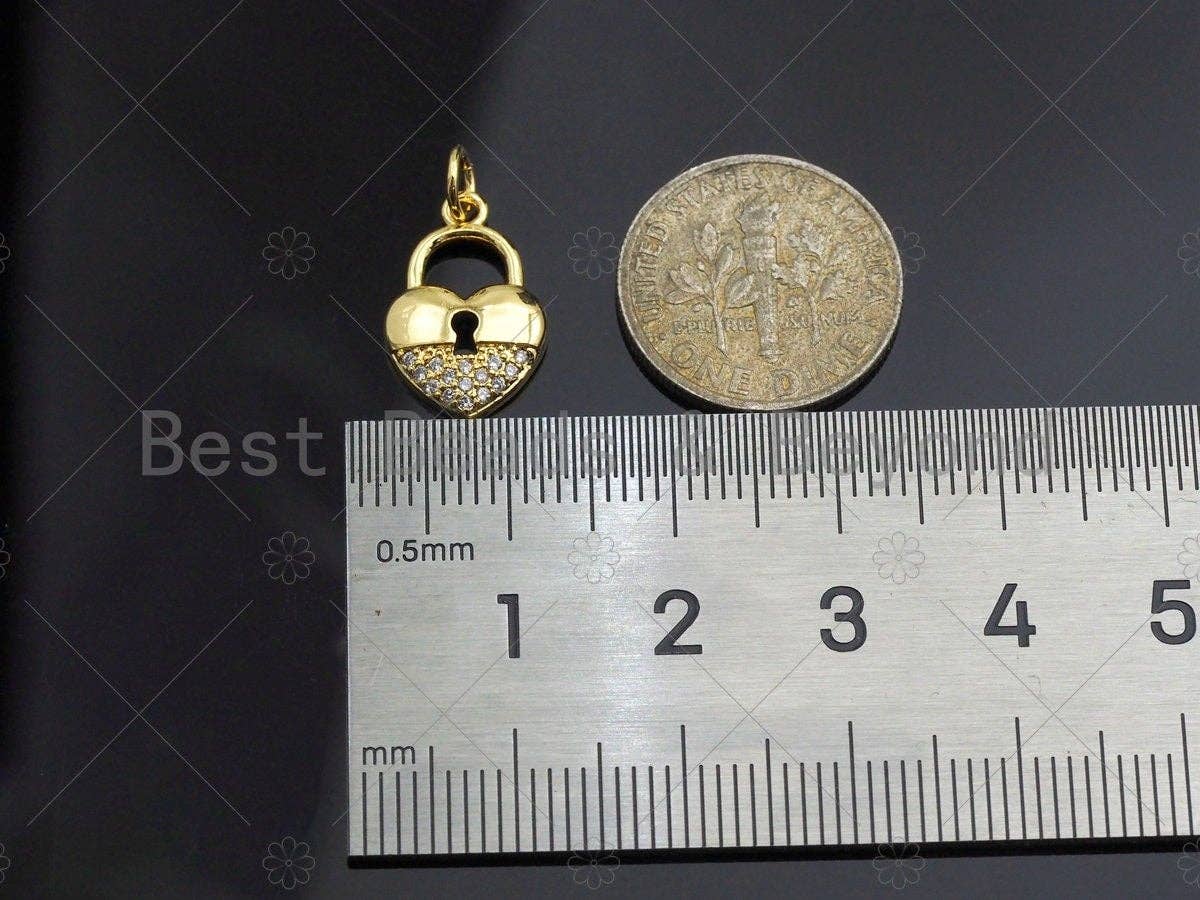 CZ Micro Pave Heart Lock Pendant, Heart Shape Charm, 18K Gold Lock Pendant,16x10mm, Sku#JL10