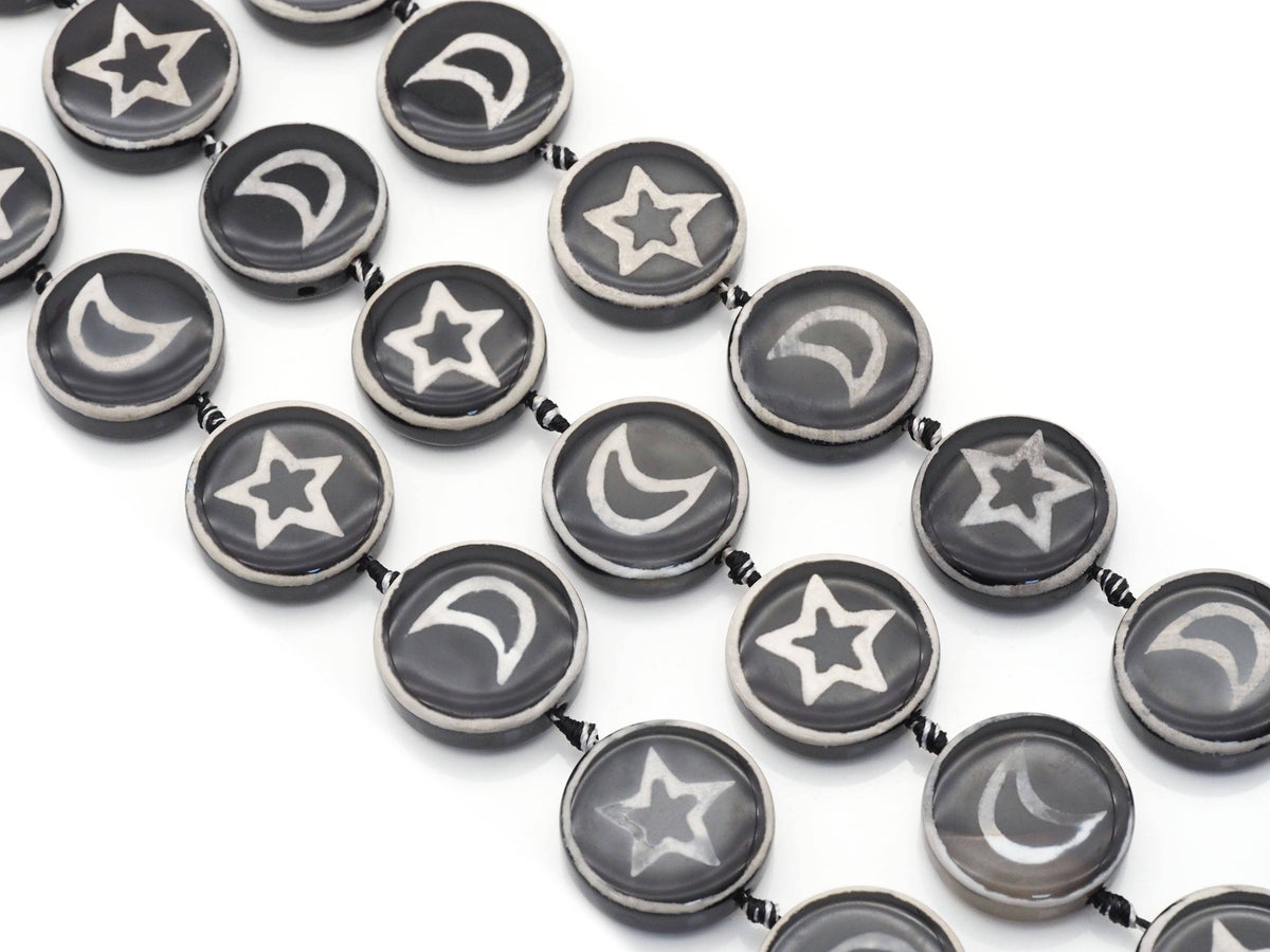 Natural Black White Moon Star Tibetan Agate Smooth Coin Beads, 30mm, Sku#U1403