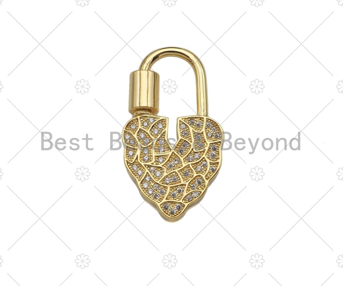 18K Gold Clear CZ Micro Pave Leaf Heart Fancy Lock Clasp, Heart Shape Clasp, Pave Lock, Gold Claps, 17x30mm,sku#K149