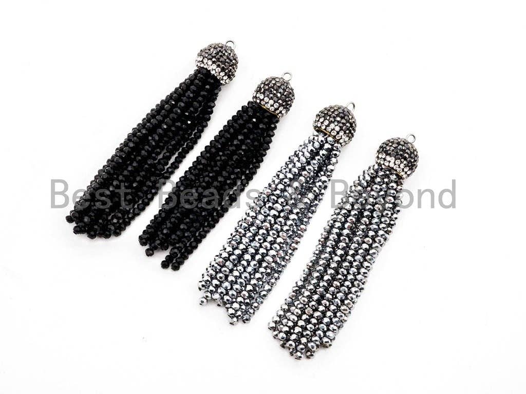 Black/Silver Crystal Beaded Tassel Pendants,Glass Crystal Beads,Pave CZ Rhinestone Cap, Tassel Necklace Enhancer, 3'' long, Sku#B67
