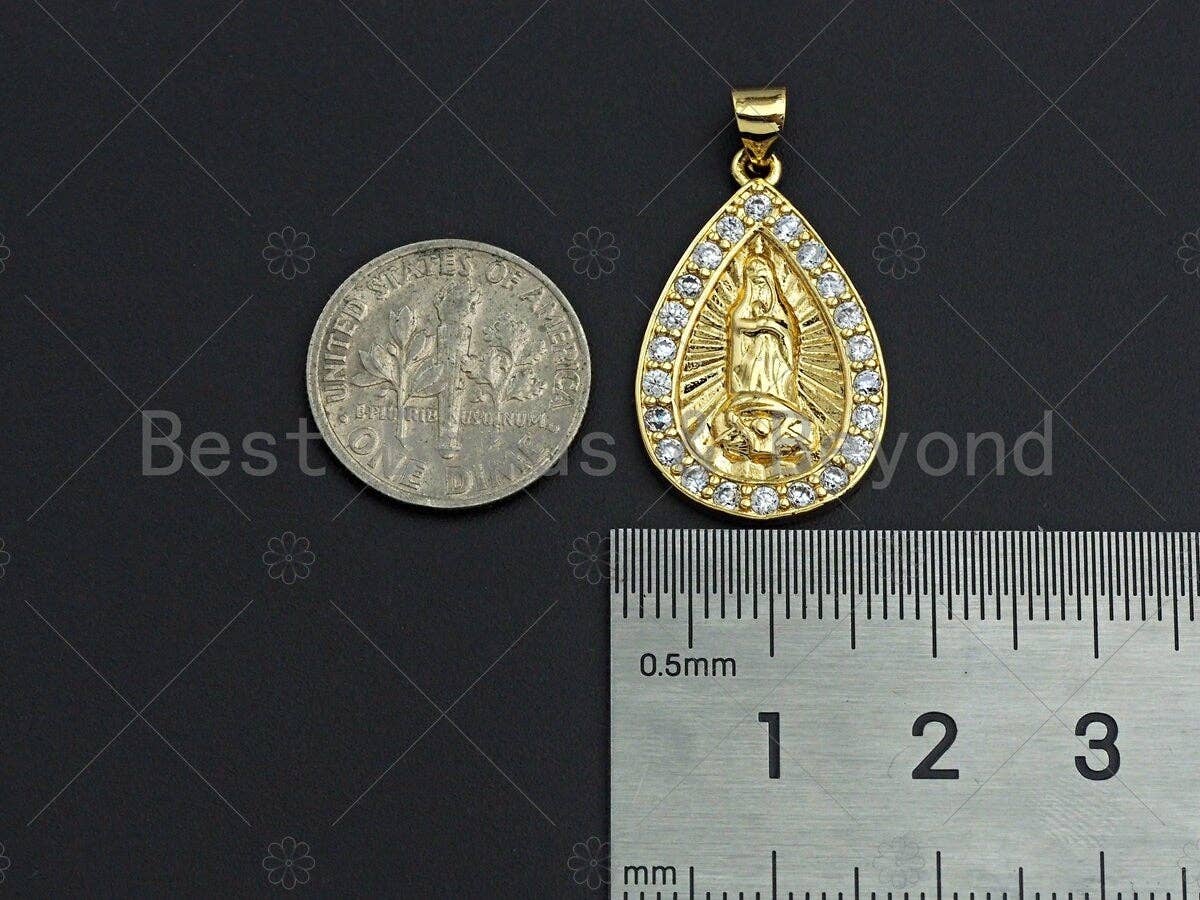 18K Gold Virgin Mary On Teardrop Emblem Shape Pendant,  Sku#F1148C