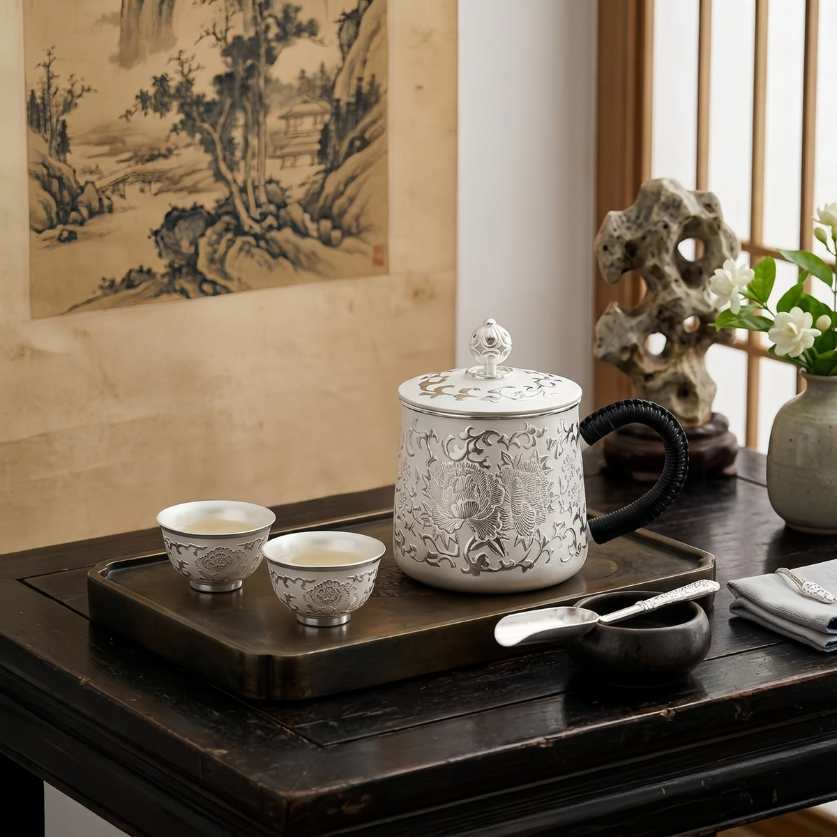 Pure 999 Fine Silver Ornate Silver Floral Porcelain Mug with Decorative Lid and Handcrafted Wrapped Handle - Handicraft