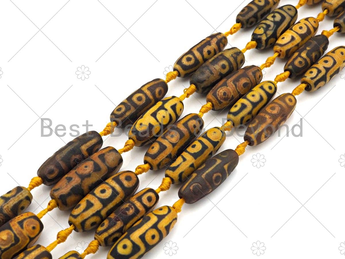 Natural Tibetan Agate Barrel Beads, Yellow Black Dzi Drum Beads, Tibetan Dzi Beads, Matt Agate,10x30mm, Sku#U1043