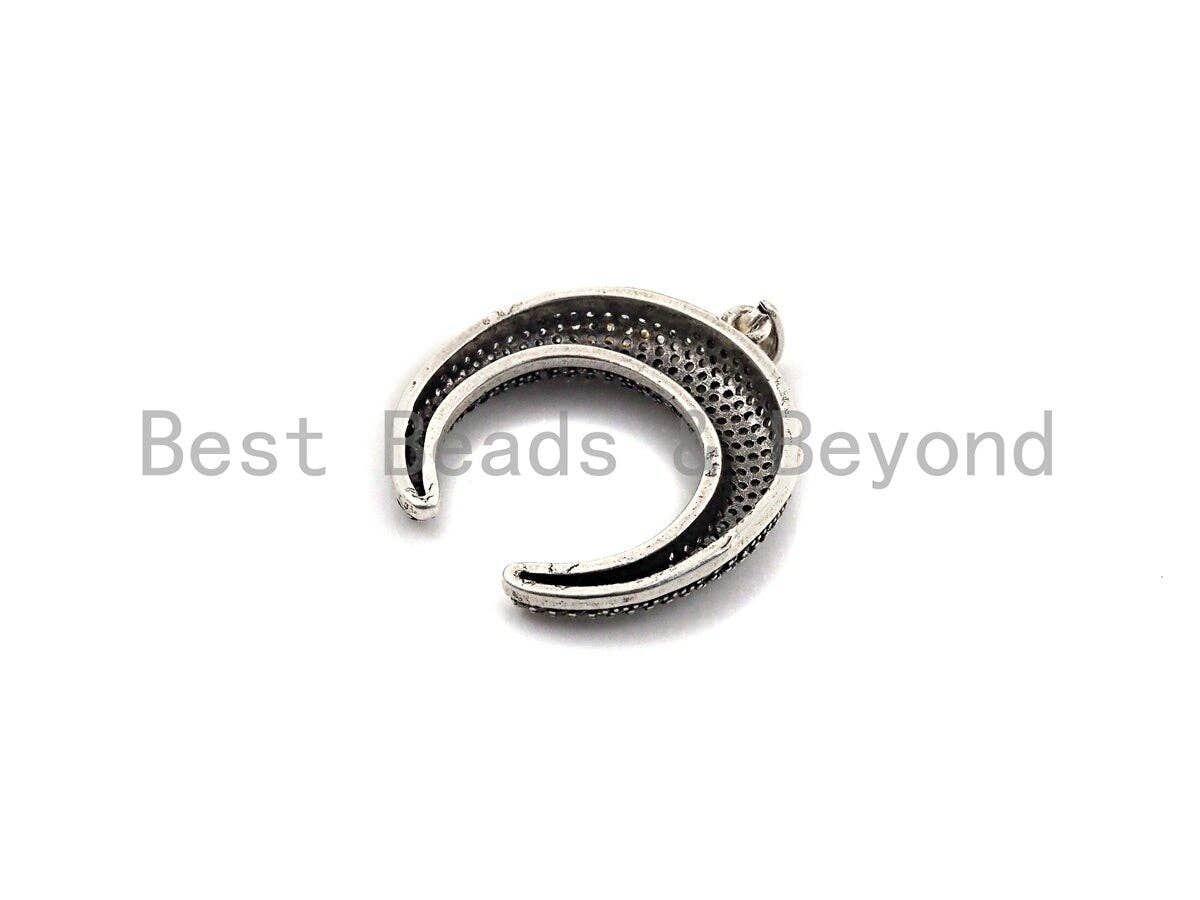 CZ Micro Pave OX Horn Shape Pendant, Antique Silver Tone, Cubic Zirconia Pave Crescent Charm Pendant, 32x35mm,sku#F1028