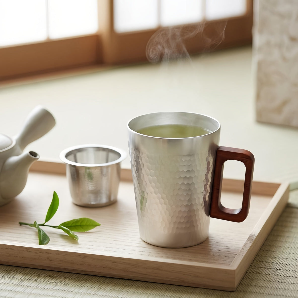 Pure 999 Fine Silver Modern Hammered Metal Coffee Mug with Rectangular Wooden Handle - Handicraft