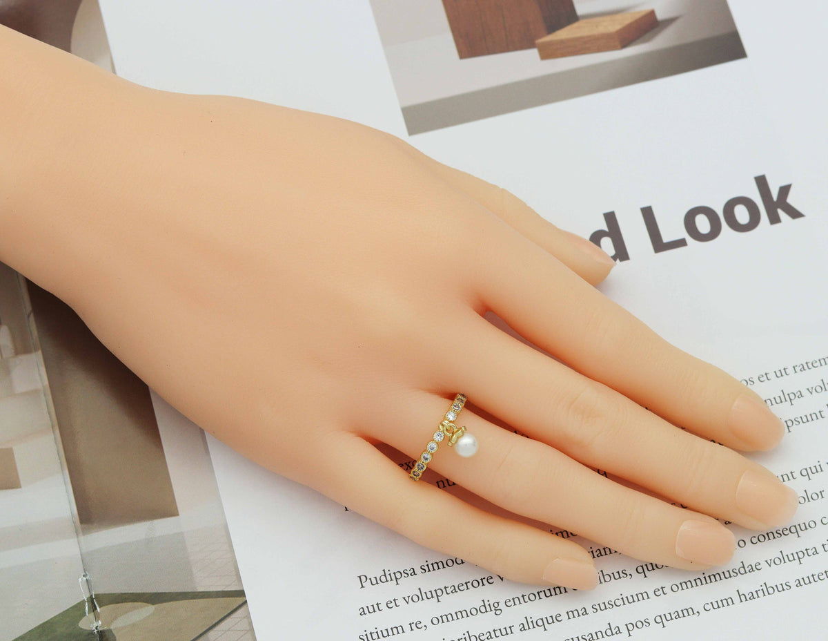 CZ Round Pearl Adjustable Ring, Sku#LD261
