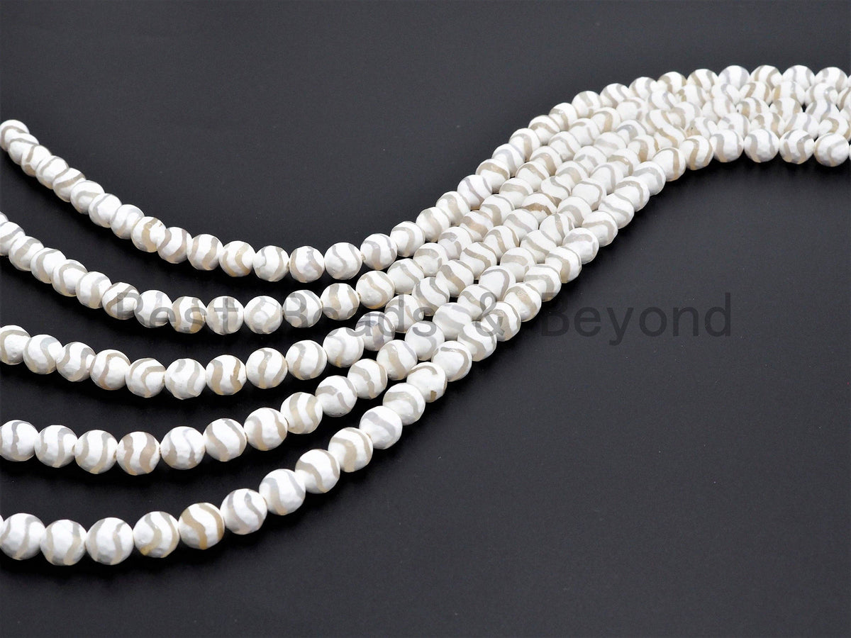 Quality Dzi White Agate beads, Round Faceted Wavy Lines, 6mm/8mm/10mm/12mm, Tibetan beads, White Lace Agate Beads, 15.5inch strand, SKU#U402