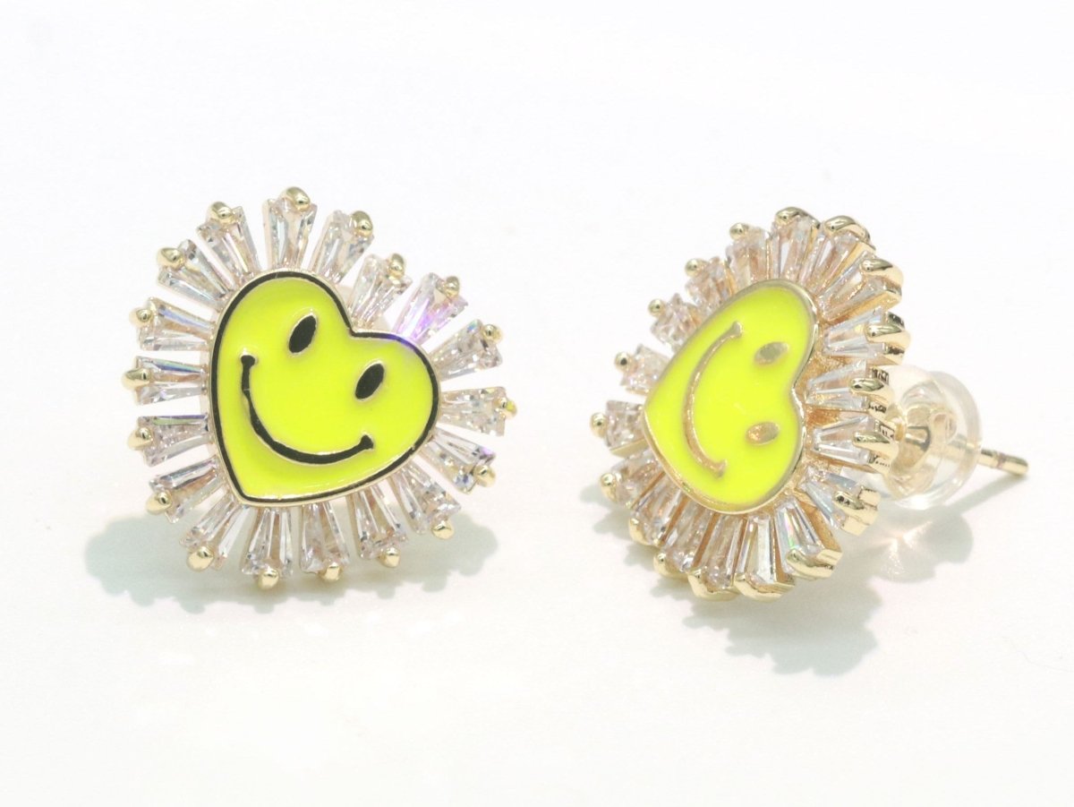 1 pair Cz Gold Happy Face Stud Earrings, Heart Face Enamel Minimalist Jewelry, Simple Everyday Earrings, Best Friend, Birthday Gift